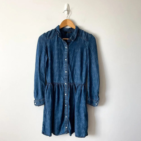 The Kooples Denim Shirt Dress Pearl Button Blue Floral Size XS - Picture 4 of 8